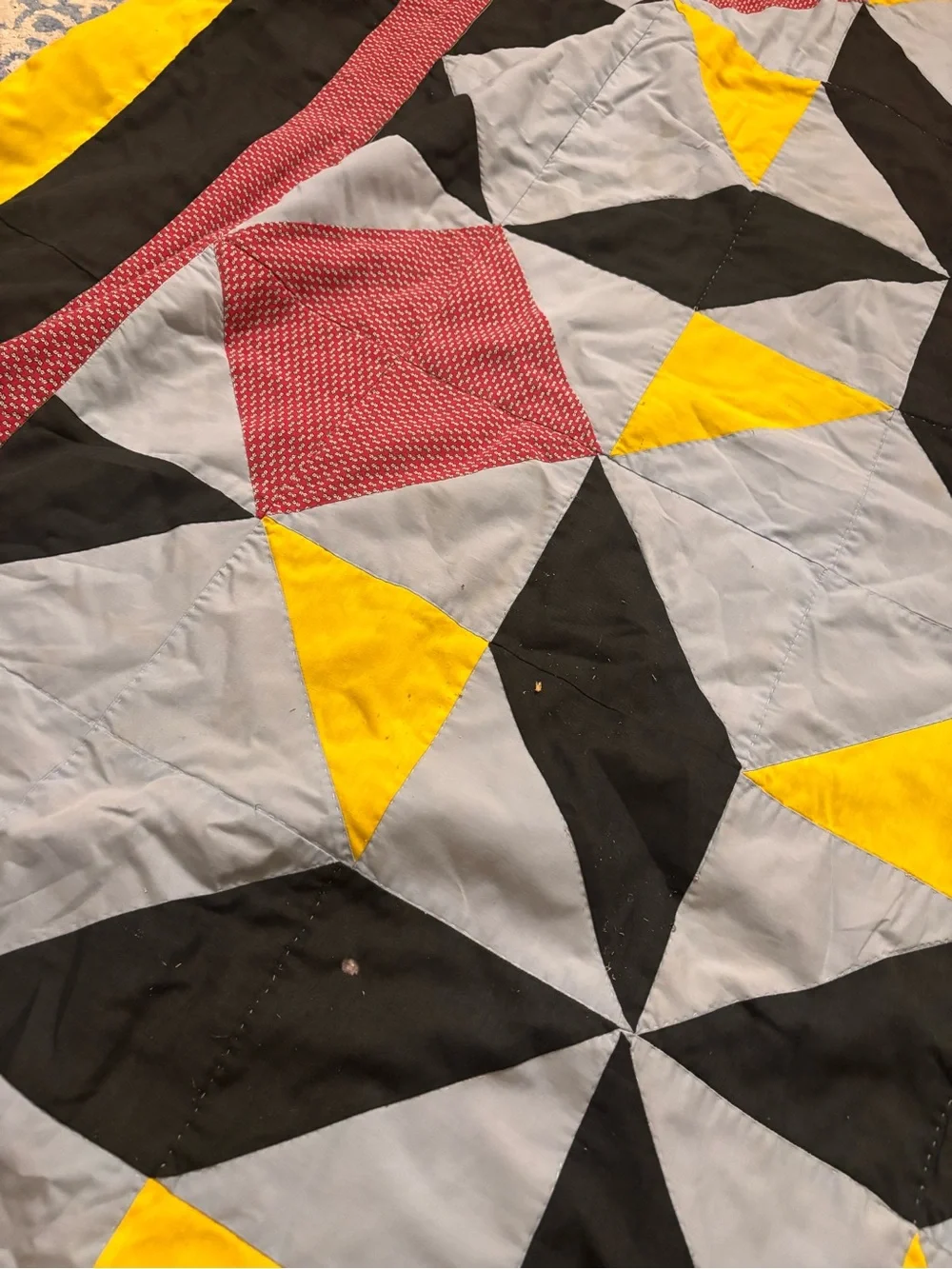Vintage Handmade Geometric Patchwork Quilt - Yellow, Black, Gray, Red